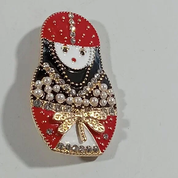 Lady Matryoshka Doll Style PIN Brooch Rhinestone Enamel Dragonfly Golden Pearly - Picture 6 of 7